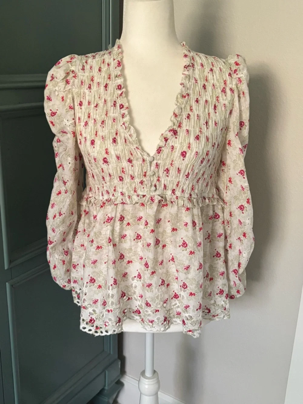 Anthropologie Ruched-Sleeve Smocked Blouse- NWOT